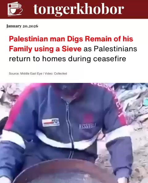 A Palestinian man sifts through the rubble of his home with a sieve, searching for the remains of his family.
